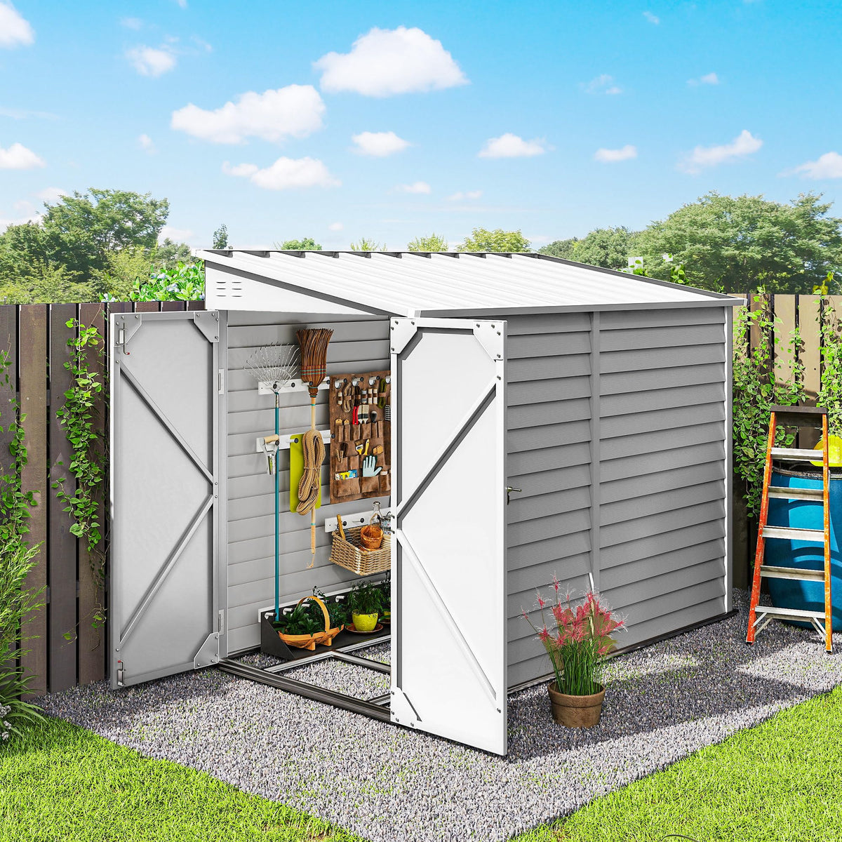 Outsunny 4.6' x 9' Steel Outdoor Storage Shed, Waterproof Lean to Shed, Metal Garden Tool House with Foundation Kit, Lockable Doors, Gloves and 2 Air Vents for Backyard, Patio, Lawn, White