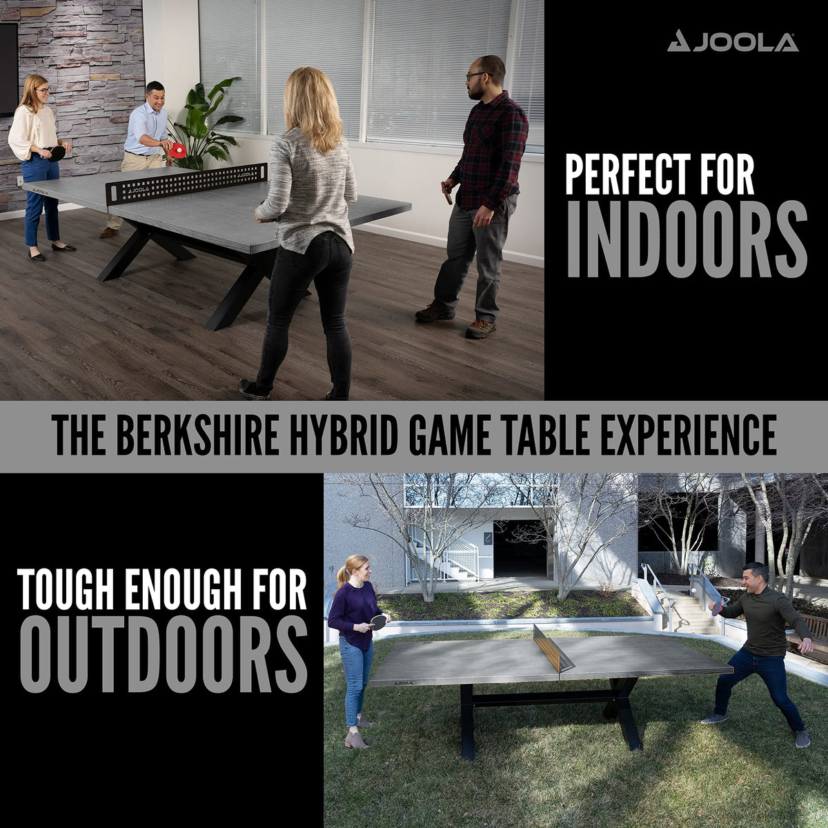 JOOLA Berkshire Outdoor Table Tennis Table - Multi Use Conference Table Dining Table - Concrete Gray Wood Look Includes Steel Outdoor Ping Pong Net Set & Frame - Hybrid Indoor Outdoor Ping Pong Table