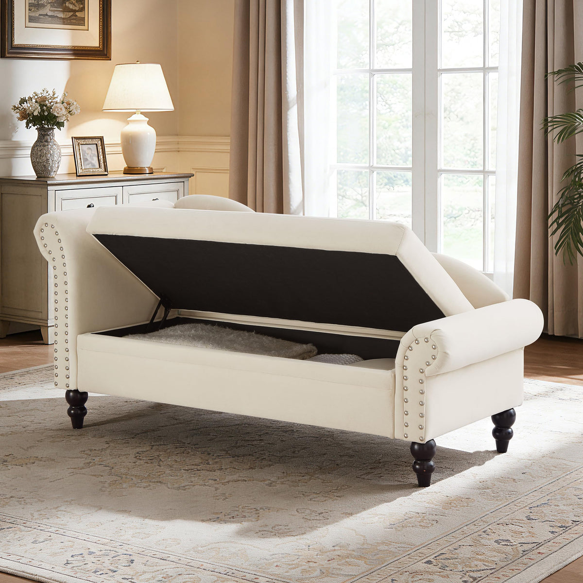 ERYE Velvet Upholstered Right Facing Chaise Lounge Chair, Beige Chaise Lounge Storage W/Nailhead Trim, Wood Legs, Classic Recliner Lounger Accent Sofa for Living Room Bedroom