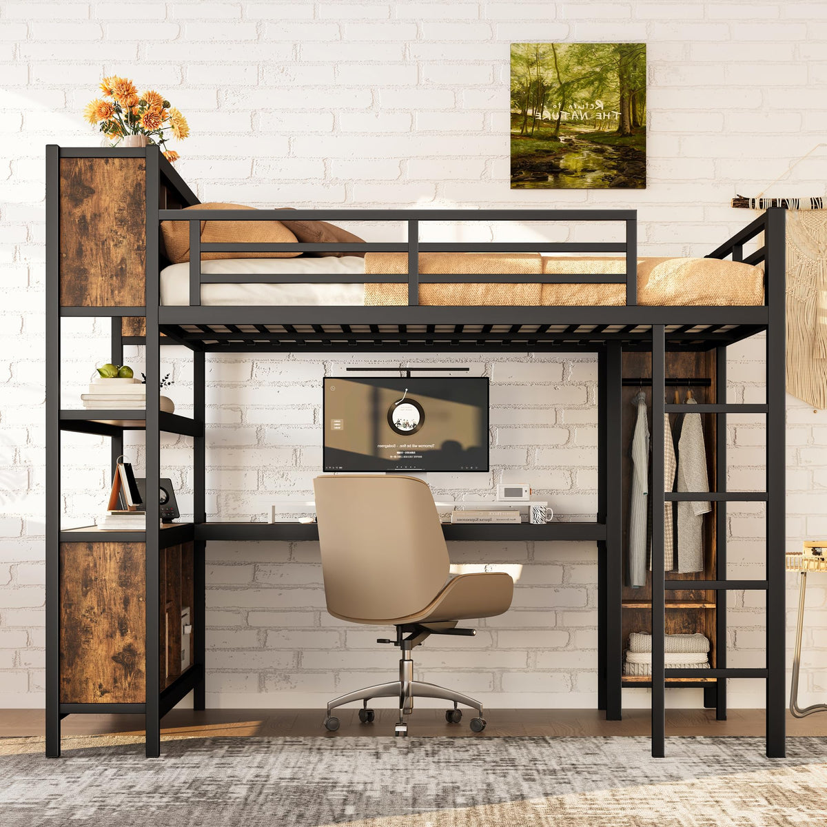 Ball & Cast Metal Loft Bed with Wardrobe and L-Shaped Desk,Queen Size Loft Bed with Storage Cubes and Shelves,Heavy Duty Loft Bed Frame for Kids Teens Adults,No Box Spring Need,Black+Brown