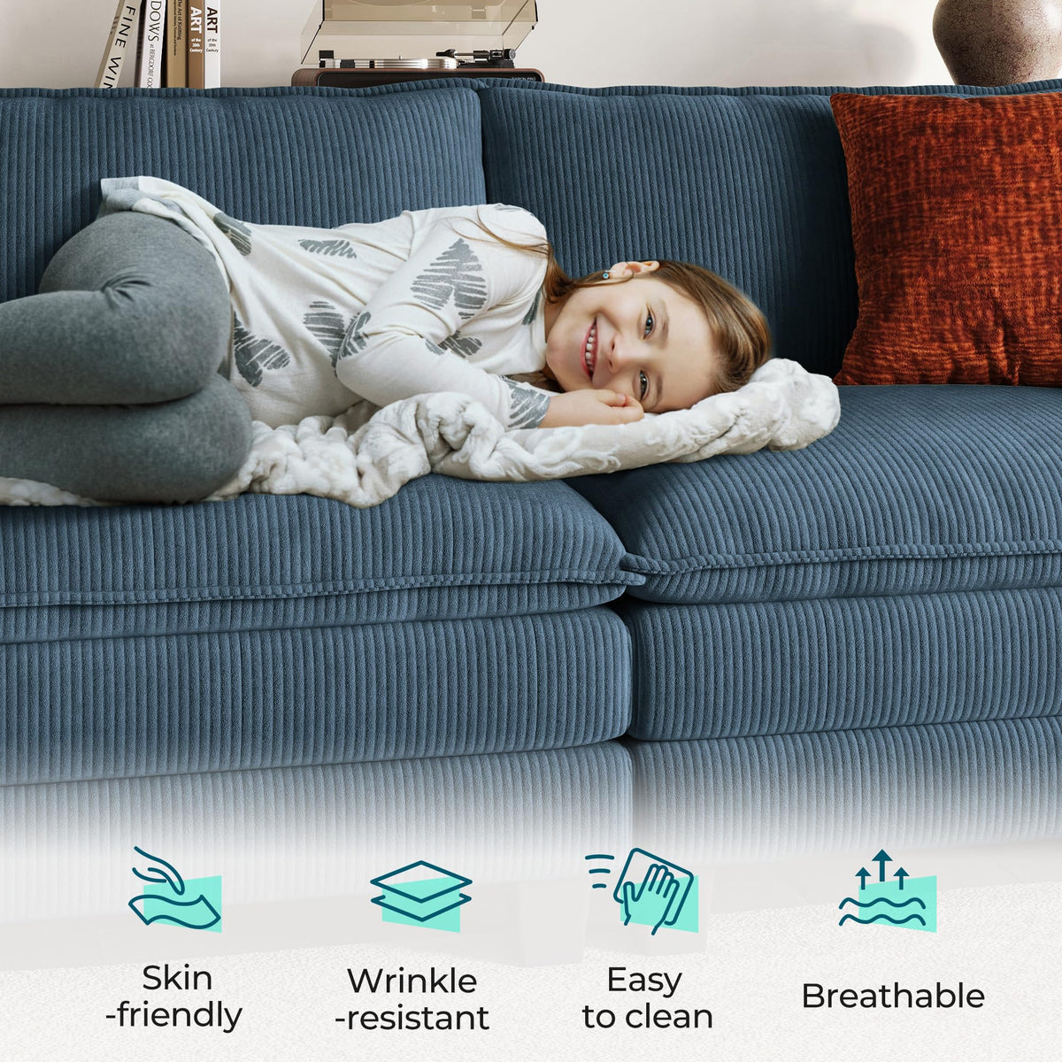 LINSY HOME 123'' Modular Sectional Sofa Blue Couch Corduroy Cloud Couches for Living Room, L Shaped Couch with Movable Ottoman, Modern Cloud Sectional Sofas for Bedroom and Apartment, Blue