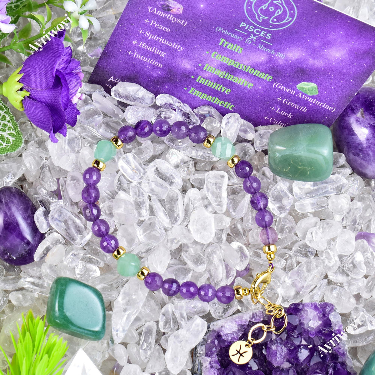 Ayriwoyi Pisces Zodiac Bracelet 12 Constellations Healing Crystal small Beads Birthstone Bracelets Amethyst Green Aventurine Beaded Bracelet Birthday Gift for Women