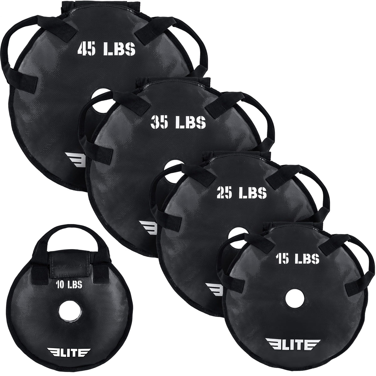Elite Sports Unfilled Workout Sand Plates (Set of 2) Olympic Weight Plates for Barbell Training, Drop-Proof Waterproof TPU Material, 10/15/25/35/45 LB, Strength, Home Gym and Functional Fitness
