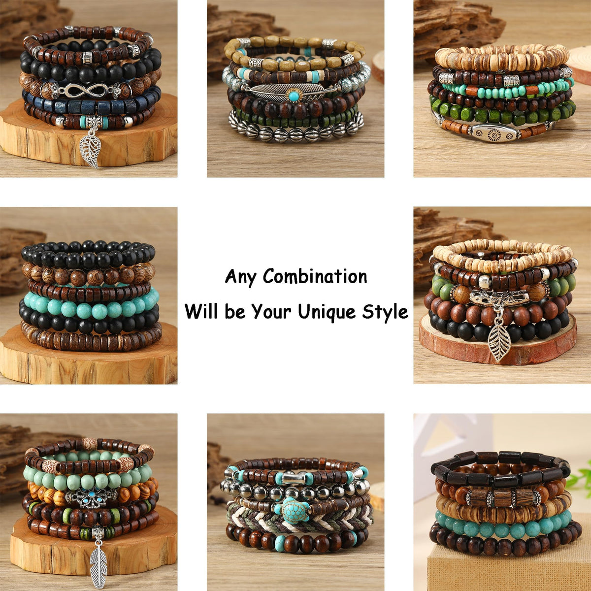 SONNYX 43Pcs Punk Wooden Beads Bracelets Gothic Bracelet for Men Adjustable Vintage Beaded Bracelet Metal Set Wood Bangles Wristbands Commemorative Gift