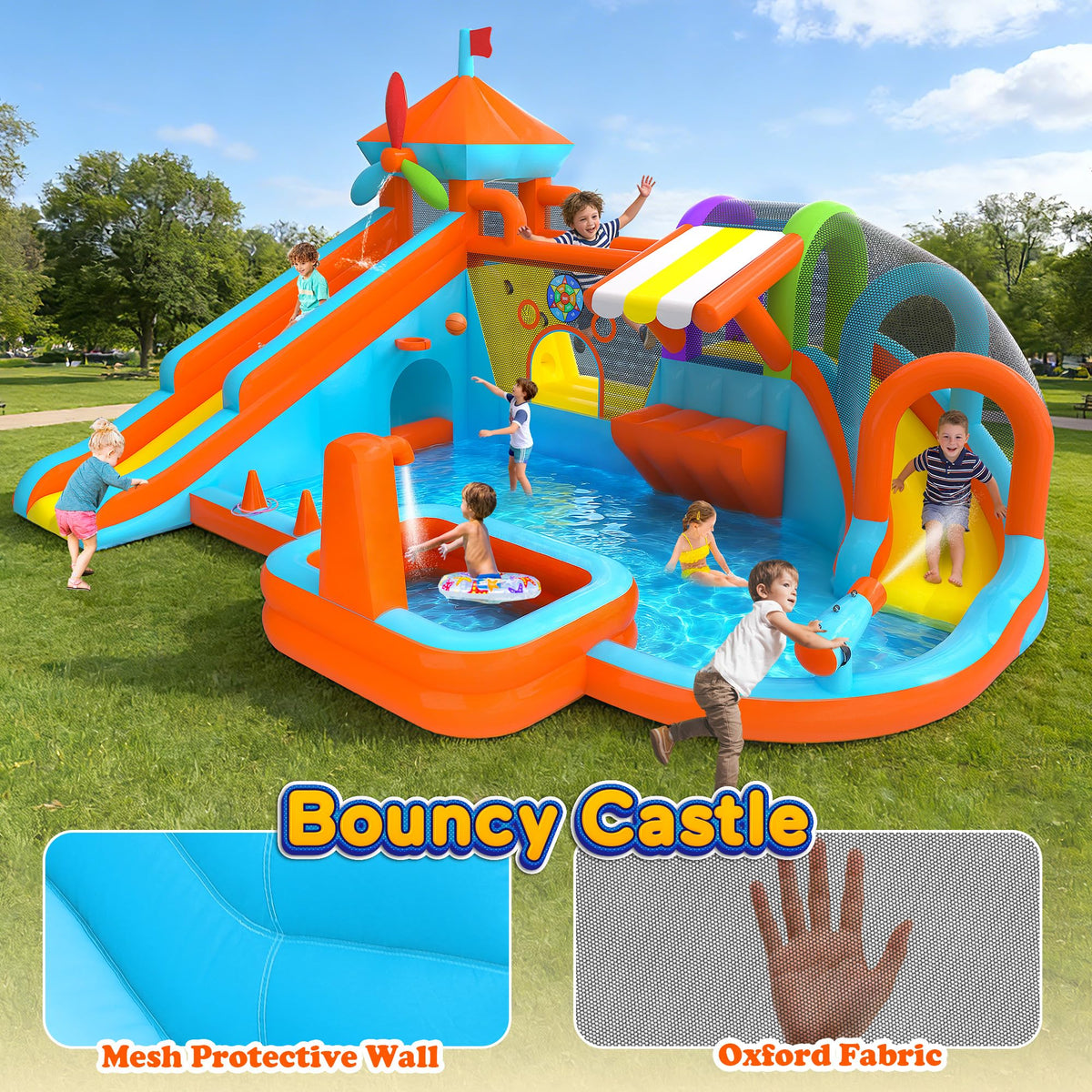 Inflatable Bounce House with Double Slide, 10 in 1 Large Bounce Castle with 750W Blower, Water Slide, Jumping, Splash Pool, Climbing Wall, Toy Stand, Water Cannon, Basketball, Tunnel, Outdoor, Orange