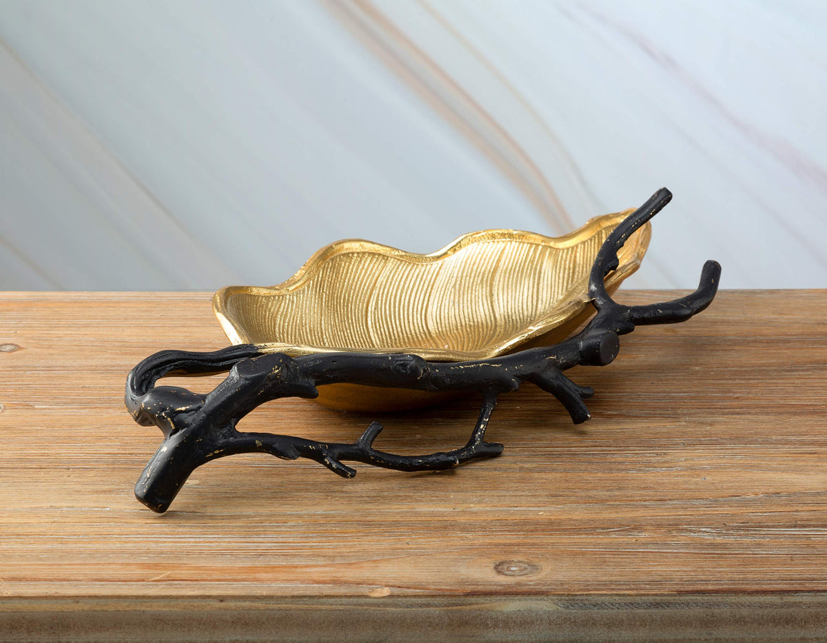 Gold Leaf Shape Candy Dish with Black Branch
