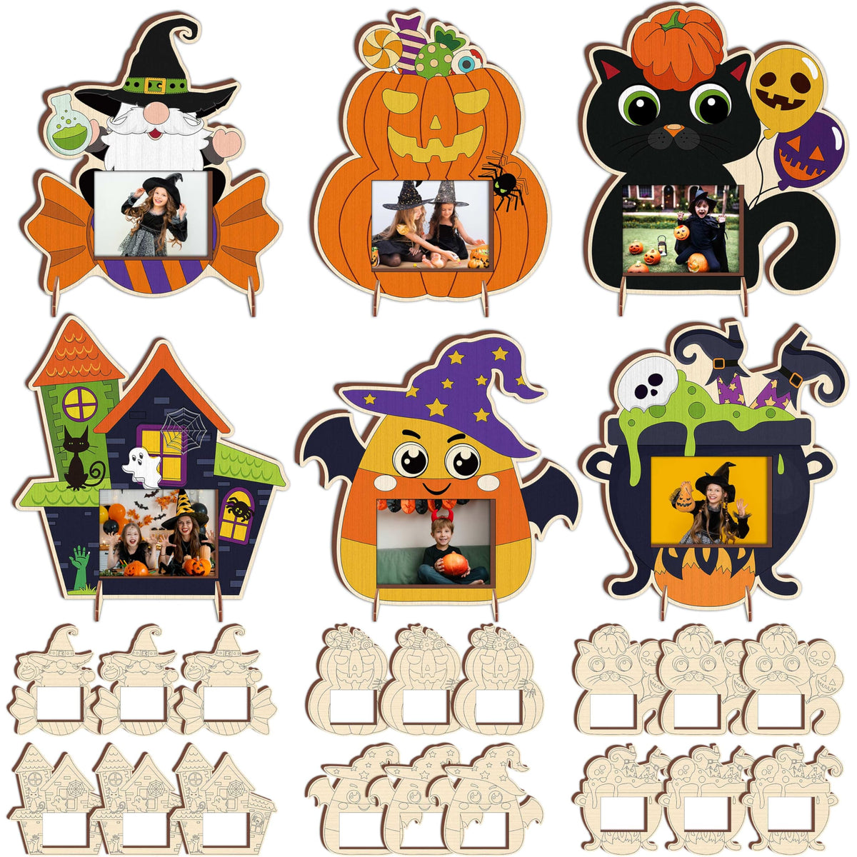 Moon Boat 18PCS Halloween Crafts for Kids Picture Frame Kit DIY Wooden Crafts Painting Your Own Hallowmas Activities Party Supplies