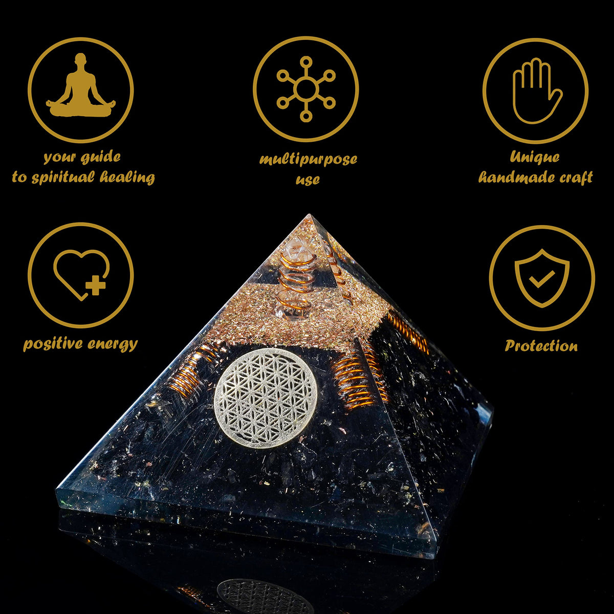 Crocon 55mm orgone Pyramid Black Tourmaline Protection Crystals Reiki Healing Stones, organite Pyramid for Good Luck Gift for Women Men Gemstone Crystal Chakra Charm orgonite Collection