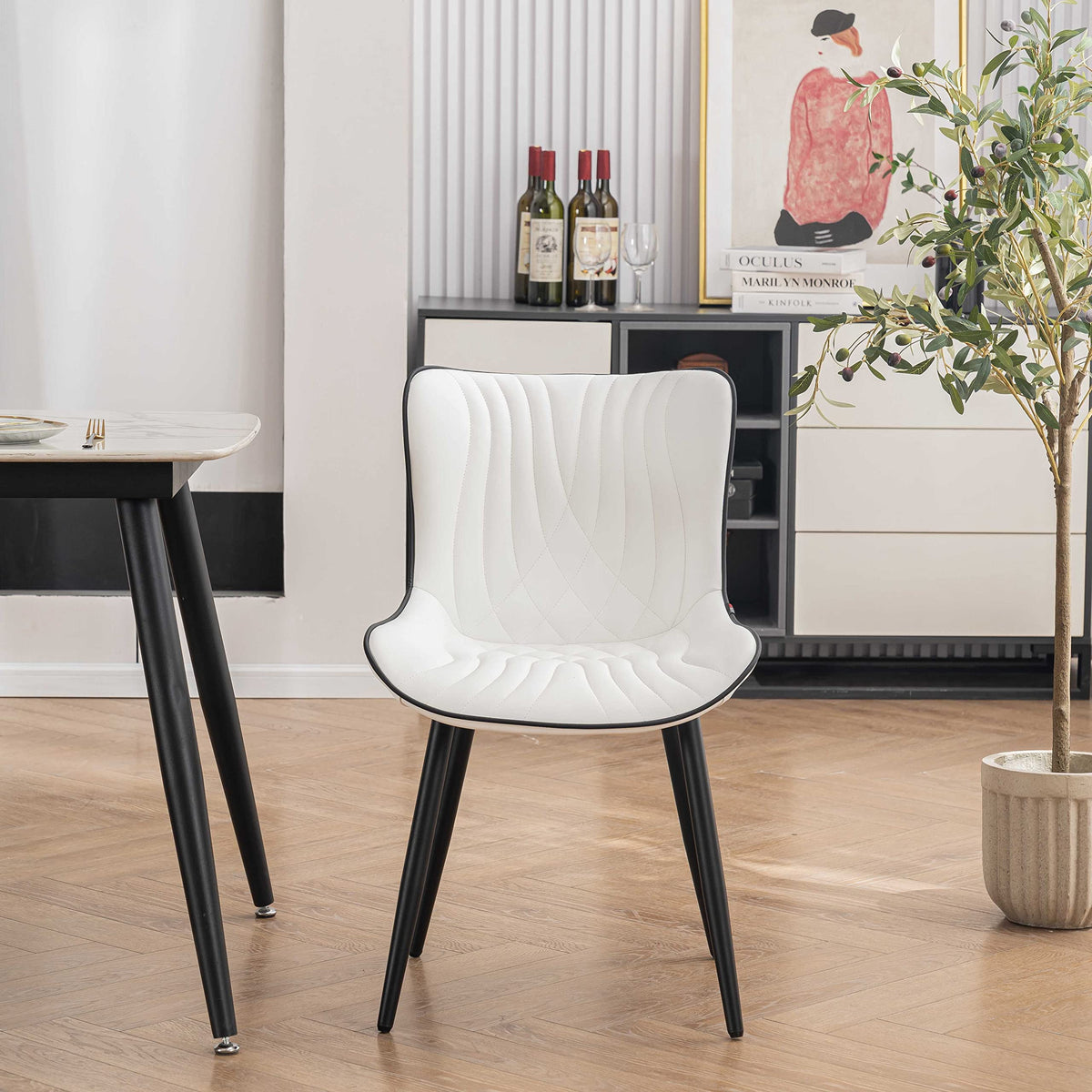 YOUTASTE Dining Chairs Set of 2, Mid Century Modern Upholstered Faux Leather Kitchen Room Chairs, with Black Metal Legs, Armless Accent Chair for Living Room, Bedroom, Vanity, White