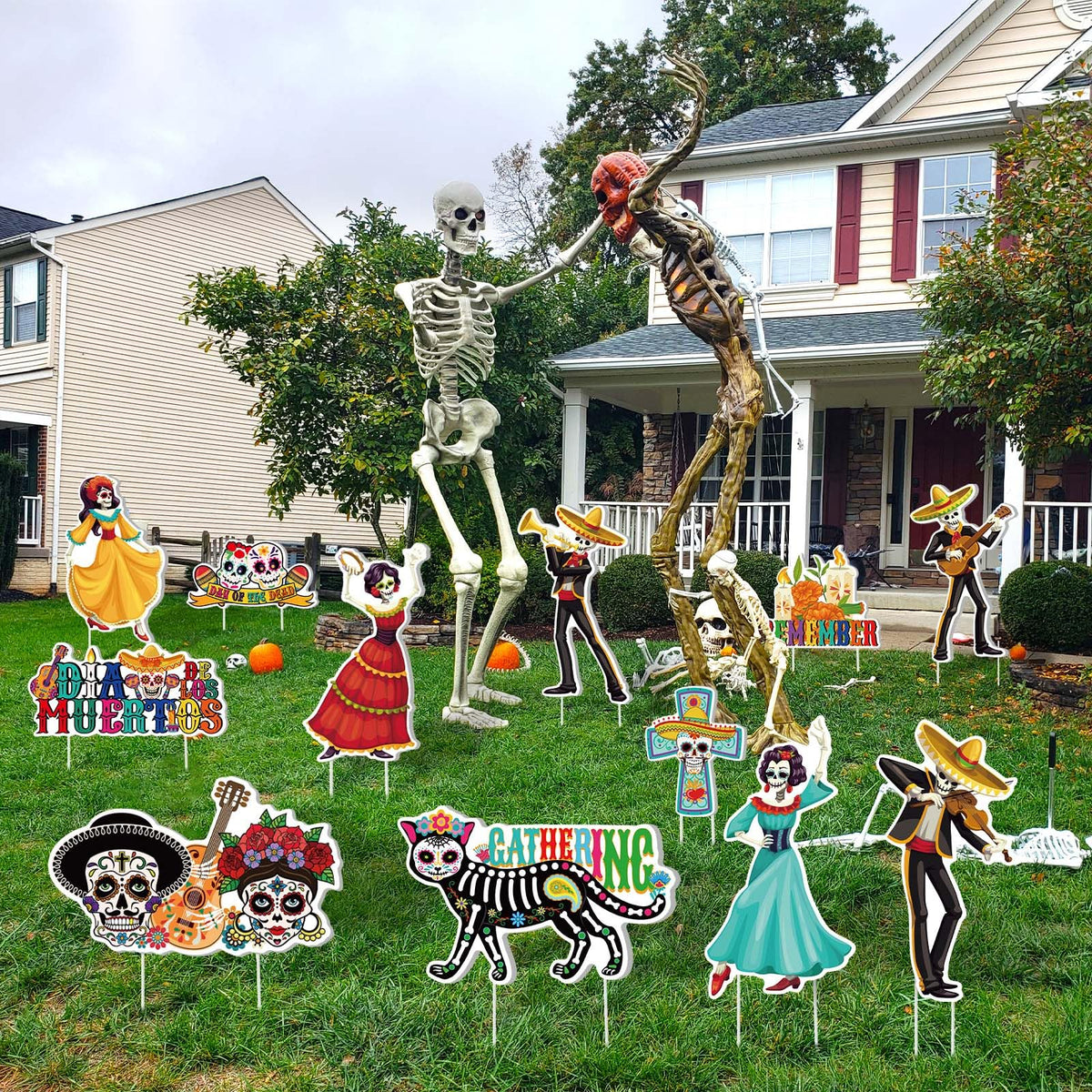 Amyhill 12 Pcs Day of the Dead Yard Decorations Halloween Outdoor Signs Decorations Dia De Los Muertos Decor Sugar Skull Sign Waterproof Mexican Fiesta Festival Party Supplies for Garden Lawn Patio