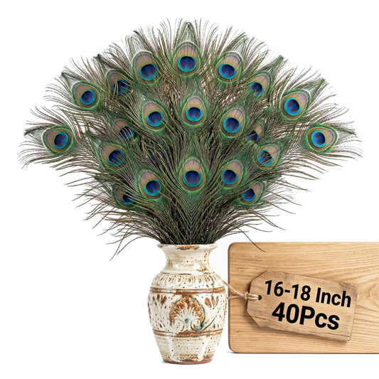 Lamar Peacock Feathers Bulk 16-18 Inch 40 Pcs Long Feathers with Large Eyes – Ultimate Bundle for Tall Vases, Wedding Centerpieces, Home Decor, Costumes, and DIY Crafts
