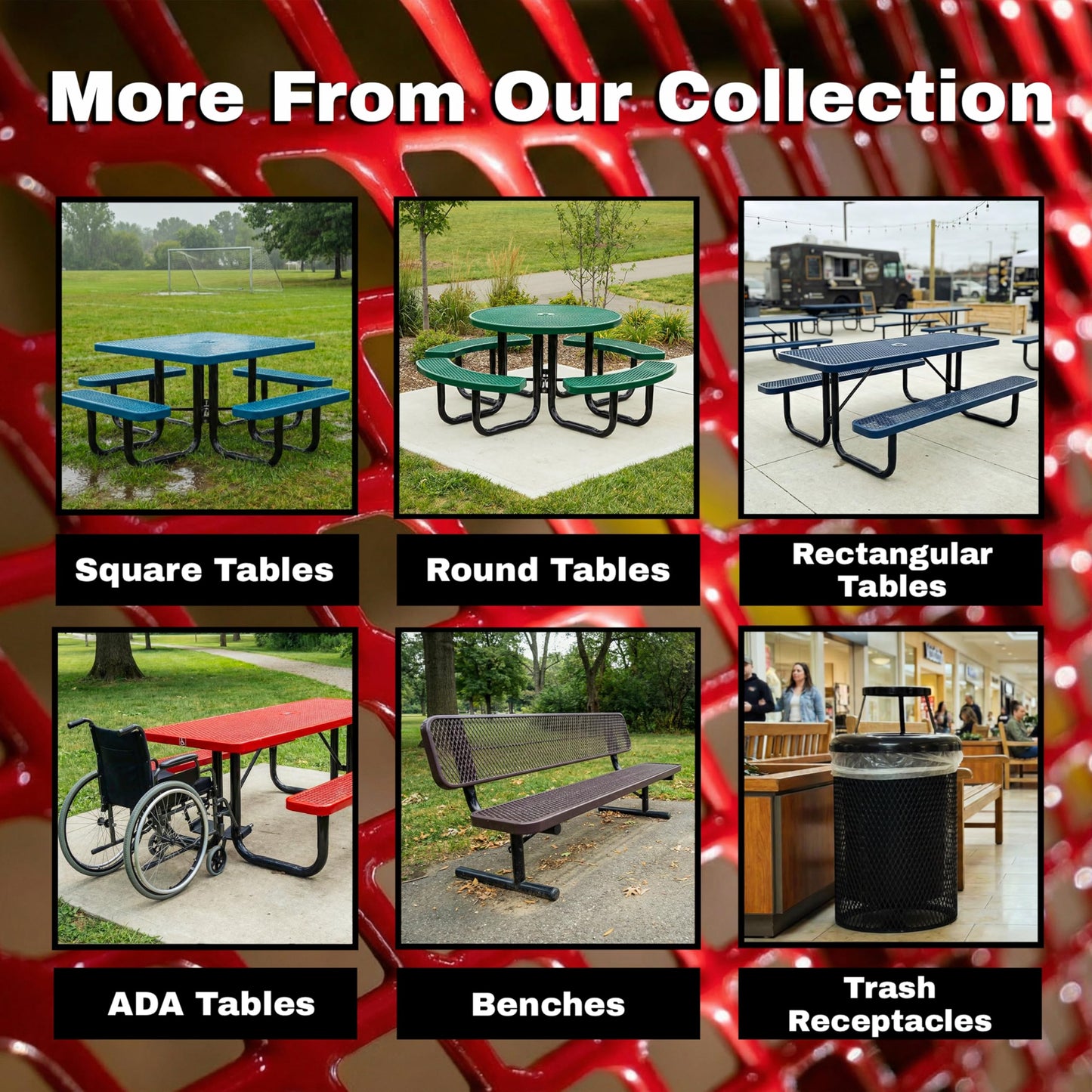 46” Square Heavy-Duty Expanded Metal Red Picnic Table