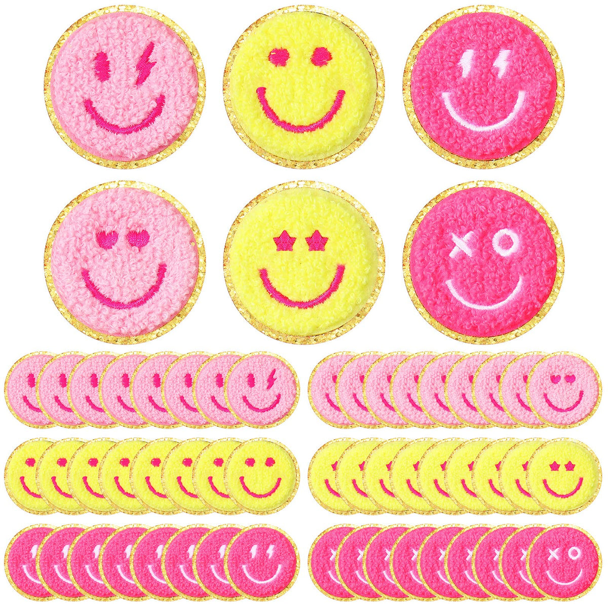 48 Pcs Happy Face Iron on Patches Self Adhesive Smile Face Patch Glitter Chenille Preppy Patches for Hats Backpacks Jackets Dress Clothes DIY Craft Decorative Embroidery