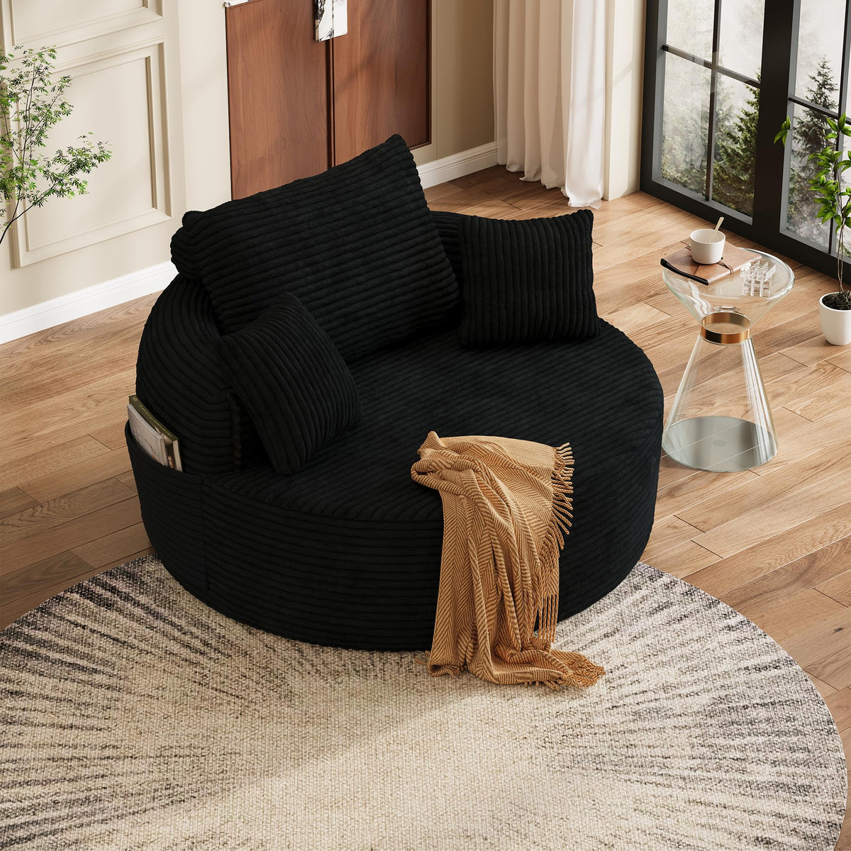 FAVSH 55" Oversized Round Chaise Lounge Chair Indoor, Upholstered Plush Deep Seat Circle Single Cloud Lounge Floor Sofa Chair with 4 Pillows with Side Pocket, Living Room, Bedroom Apartment, Black