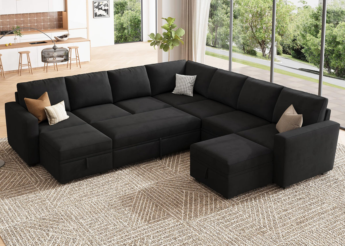 HONBAY Modular Sectional Sleeper Sofa with Pull Out Couch, Oversized U Shaped Sleeper Pull Out Bed with Storage Sectional Couches for Living Room - Black