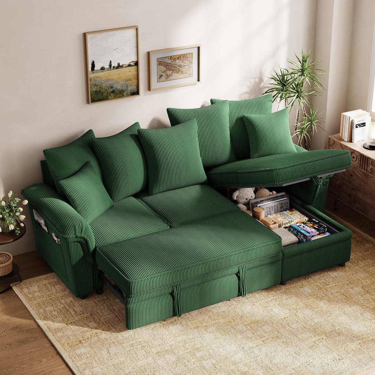 LINSY HOME 90.5'' Sectional Sleeper Sofa with Pull Out Couch Bed Modular (Green, 90.5'')