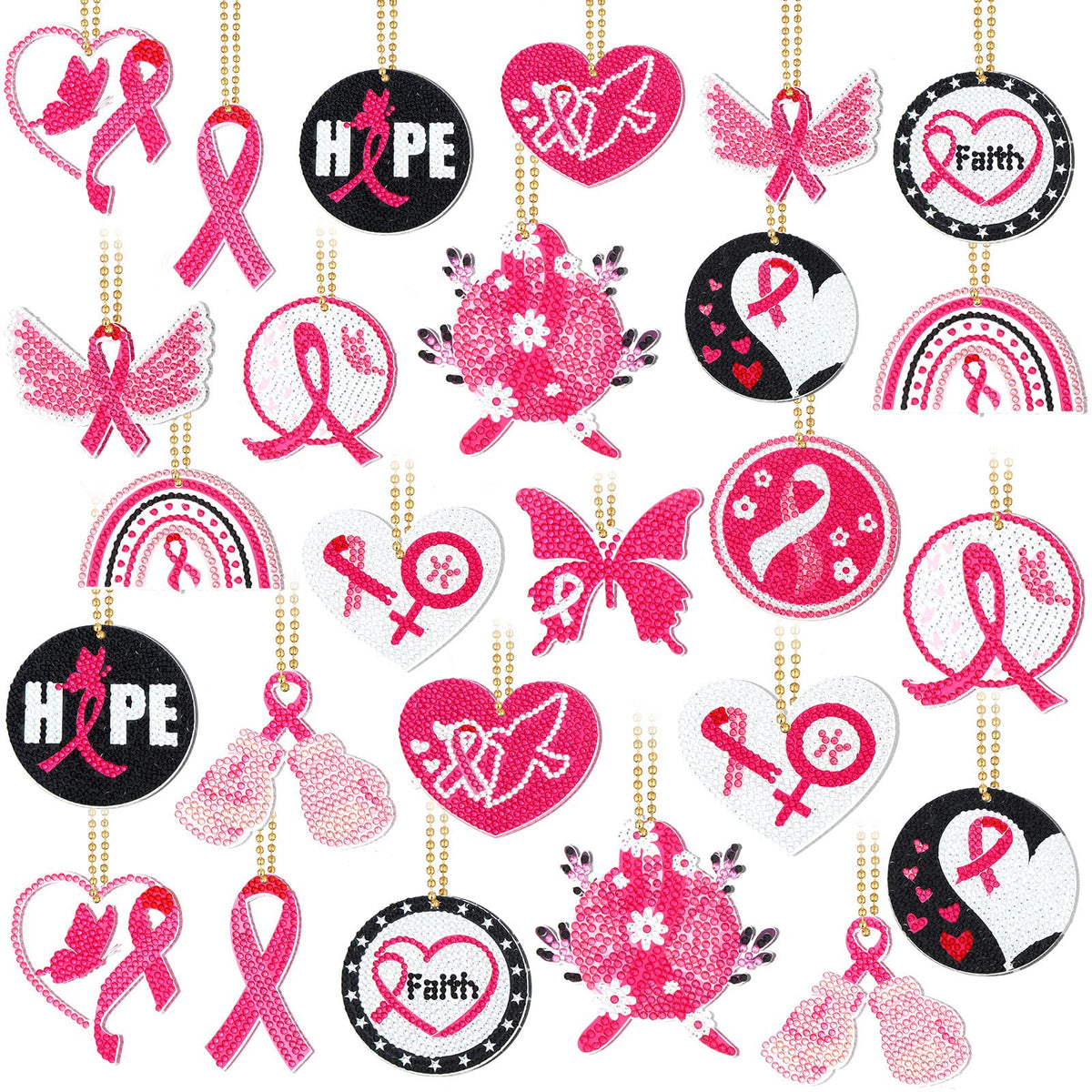 Estune 28 Pcs Breast Cancer Diamond Painting Keychains Pink Ribbon Diamond Art Key Chain Double Sided 5d DIY Painting Kits Keyring Pendant for Beginners Adults Women Gift