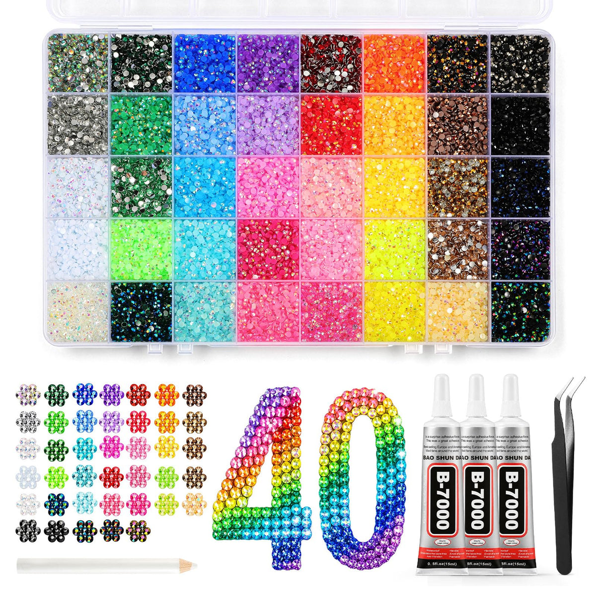40000 Pcs Resin Jelly Rhinestones for Bedazzling Kit, 40 Colors 3mm Flatback Rhinestones with 3 Pcs B7000 Jewelry Glue & Tools, Bedazzler Kit for Clothes Book Shoes DIY Nails & Art Makeup