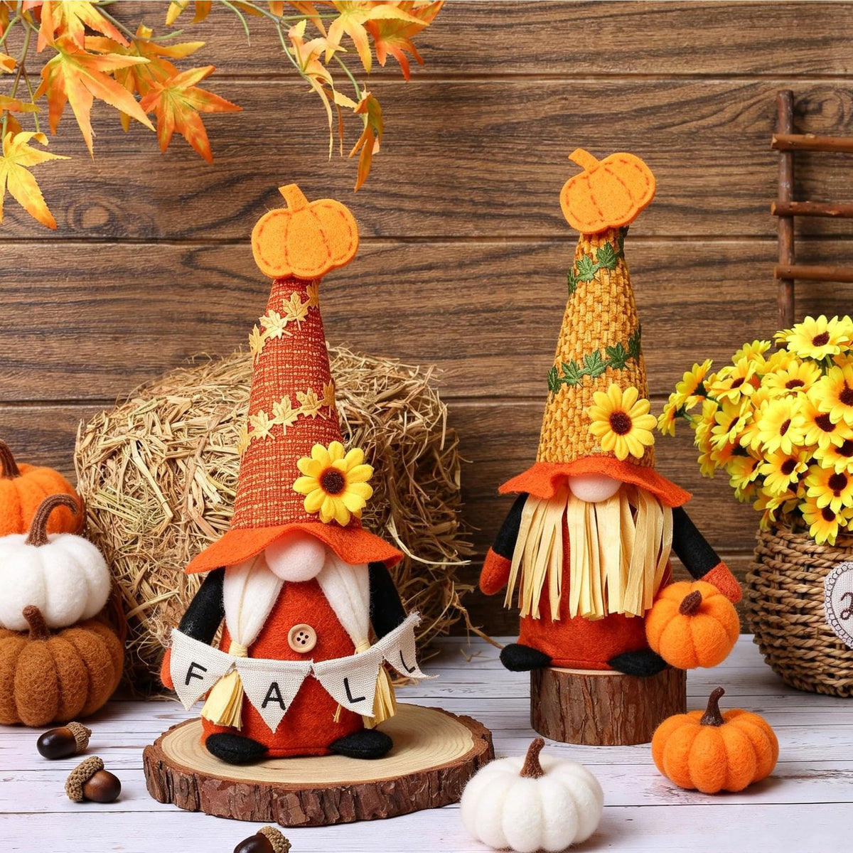 Ni-JASW Fall Plush Gnomes Set of 2, Farmhouse Sunflower Pumpkin Harvest Thanksgiving Swedish Tomte Autumn Elf Figurines Tiered Tray Decor