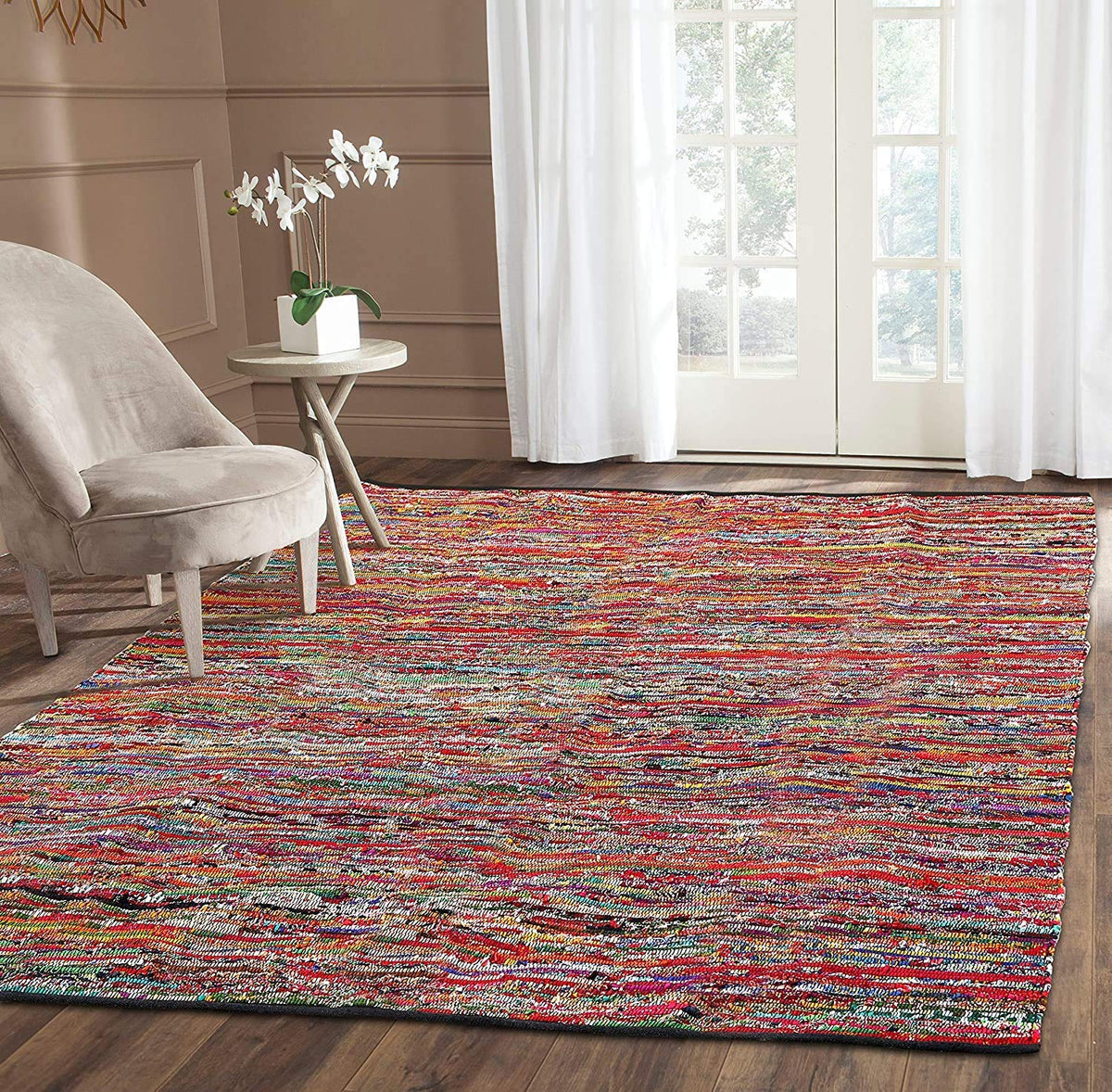 Ramanta Home Cotton Multi Color Chindi Hand Woven Rugs - 8x10 Feet Rectangle Hand Braided Bohemian Colorful Area Rug - Recycled Braided Chindi Rugs- Biodegradable Area Rugs Size 96x120 inch.