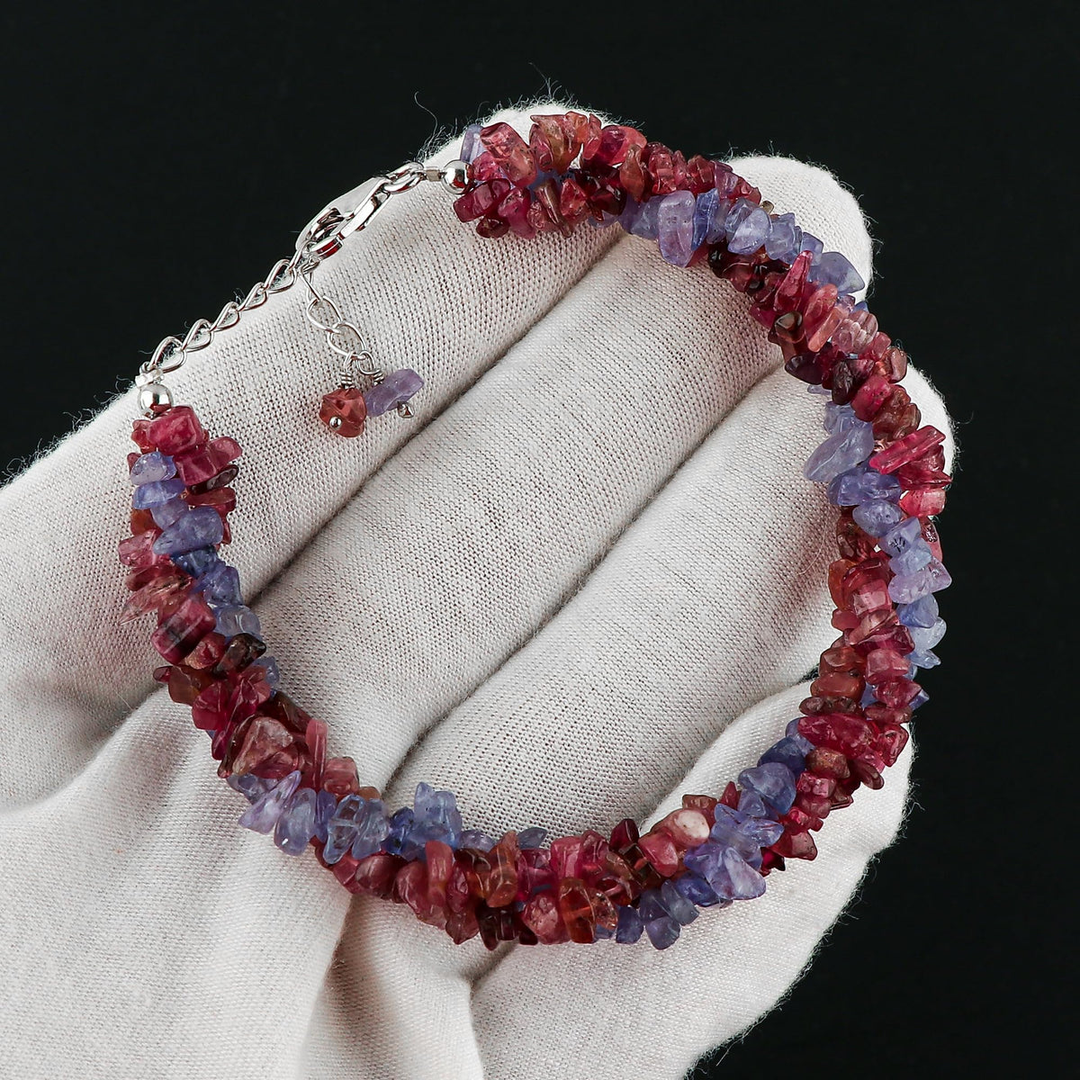 CRYSTALIS Natural Tanzanite & Pink-Tourmaline Beads Braided Rope Crystals Bracelet, Chips Nuggets Beaded Gemstones, Chakra Healing Stones, Womens Gift Jewelry, 925 Sterling Silver Bracelet 8 inch