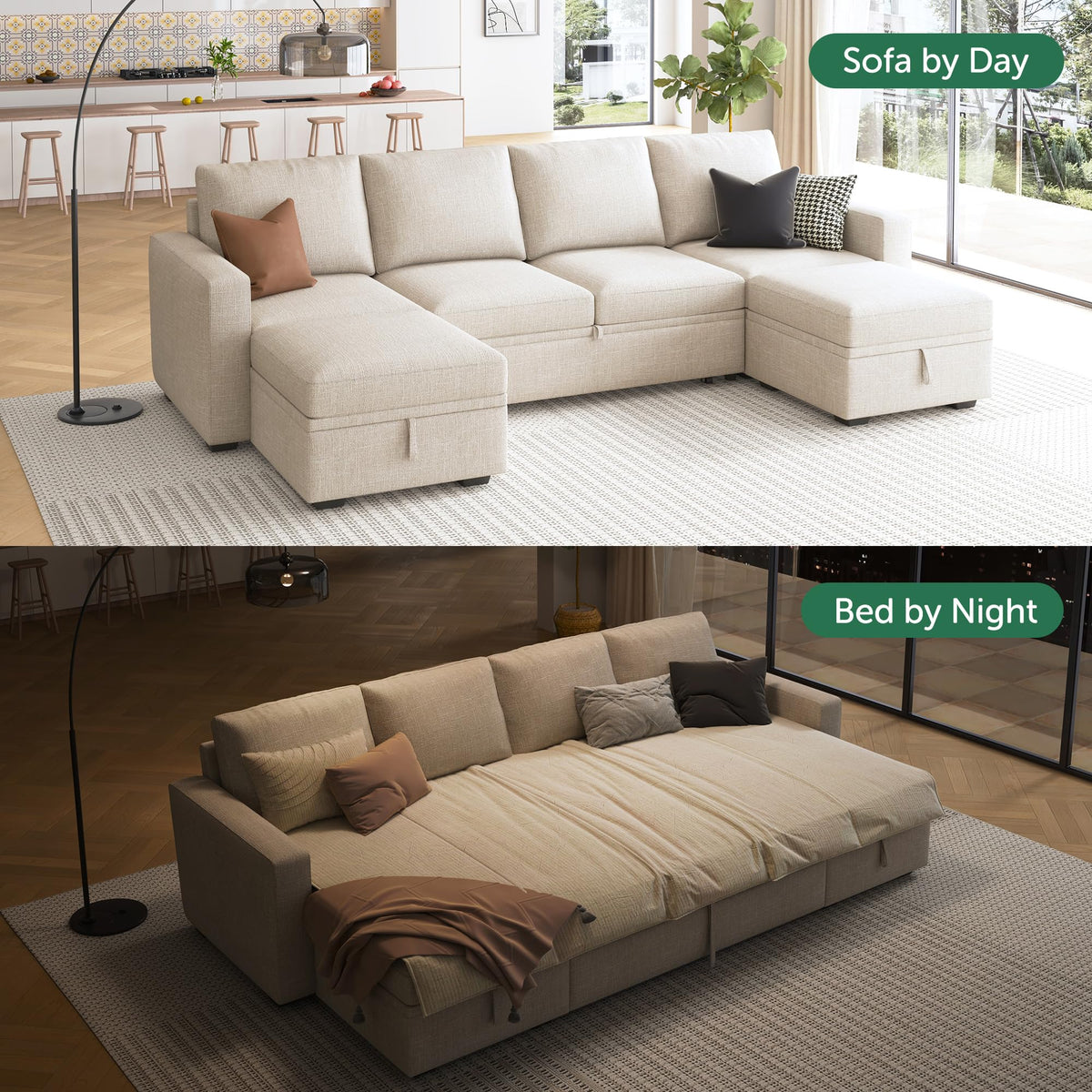 HONBAY Modular Sectional Sleeper Sofa Bed, Sectional Couch with Pull Out Bed U Shaped Modular Couch with Storage Ottoman for Living Room, Beige