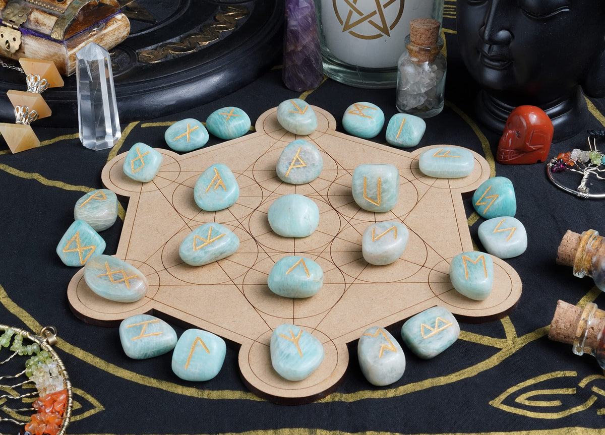 Crocon Amazonite Rune Stones Sets for Beginners with Elder Futhark Alphabets for Healing Chakra Crystals Reiki feng Shui Gemstone Runes Set Size: 15-20 mm with a Pouch & Rune brochure