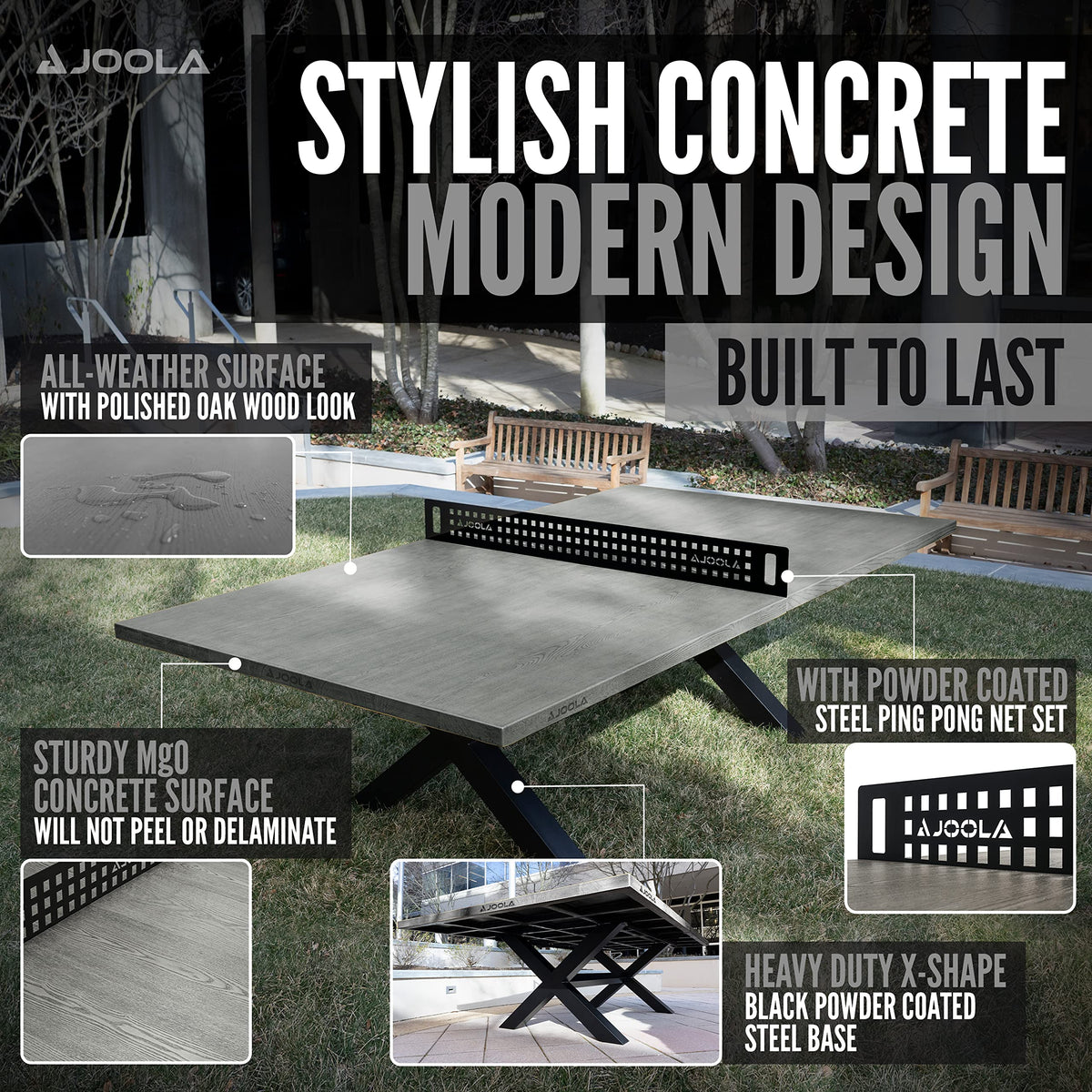 JOOLA Berkshire Outdoor Table Tennis Table - Multi Use Conference Table Dining Table - Concrete Gray Wood Look Includes Steel Outdoor Ping Pong Net Set & Frame - Hybrid Indoor Outdoor Ping Pong Table