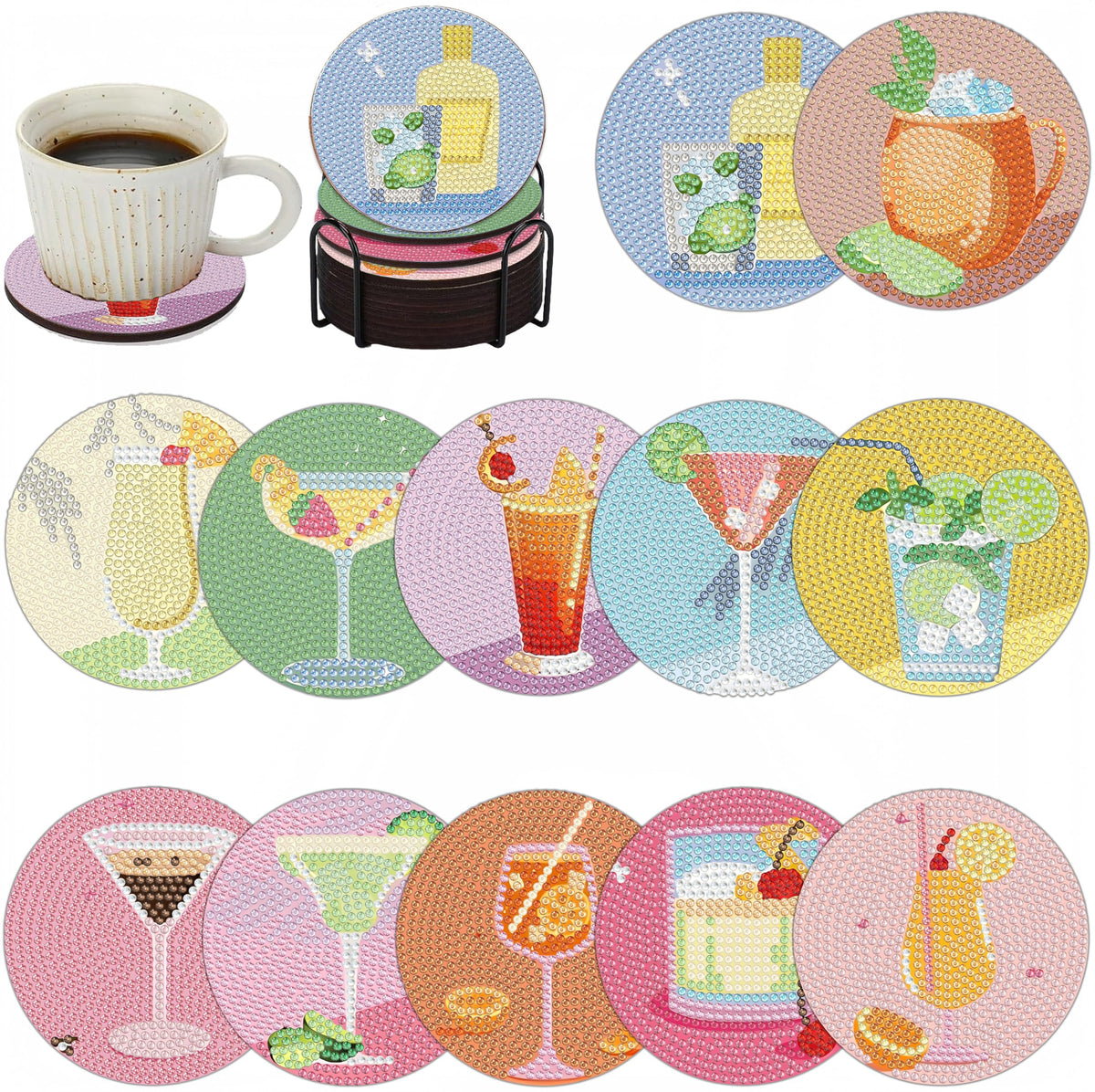 Bulerrylulu 6 Pcs Diamond Painting Coasters Kits with Holder,Diamond Art Coasters Set for Drinks Coffee Table, Gem Painting kit for Beginners Adults DIY Art Craft Gifts Home Decors (12pcs Cocktail)