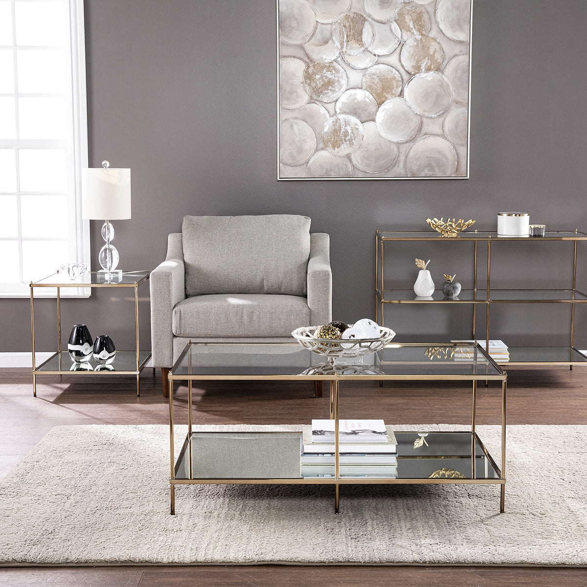 SEI Furniture Knox Glam Mirrored 3-Tier, Console Table, Gold