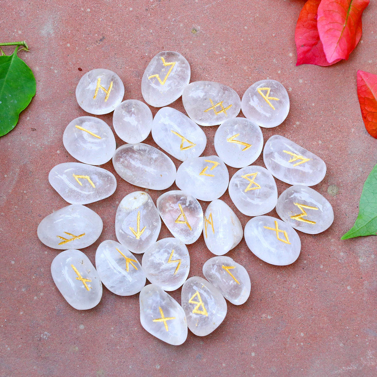 Crocon Clear Quartz Gemstone Engraved Rune Stones Set (25 Pcs) with Elder Futhark Alphabets & 1 Clear Quartz Pendulum Reiki Healing Meditation Balancing Gift Home Office Decor. Size: 15-20 mm