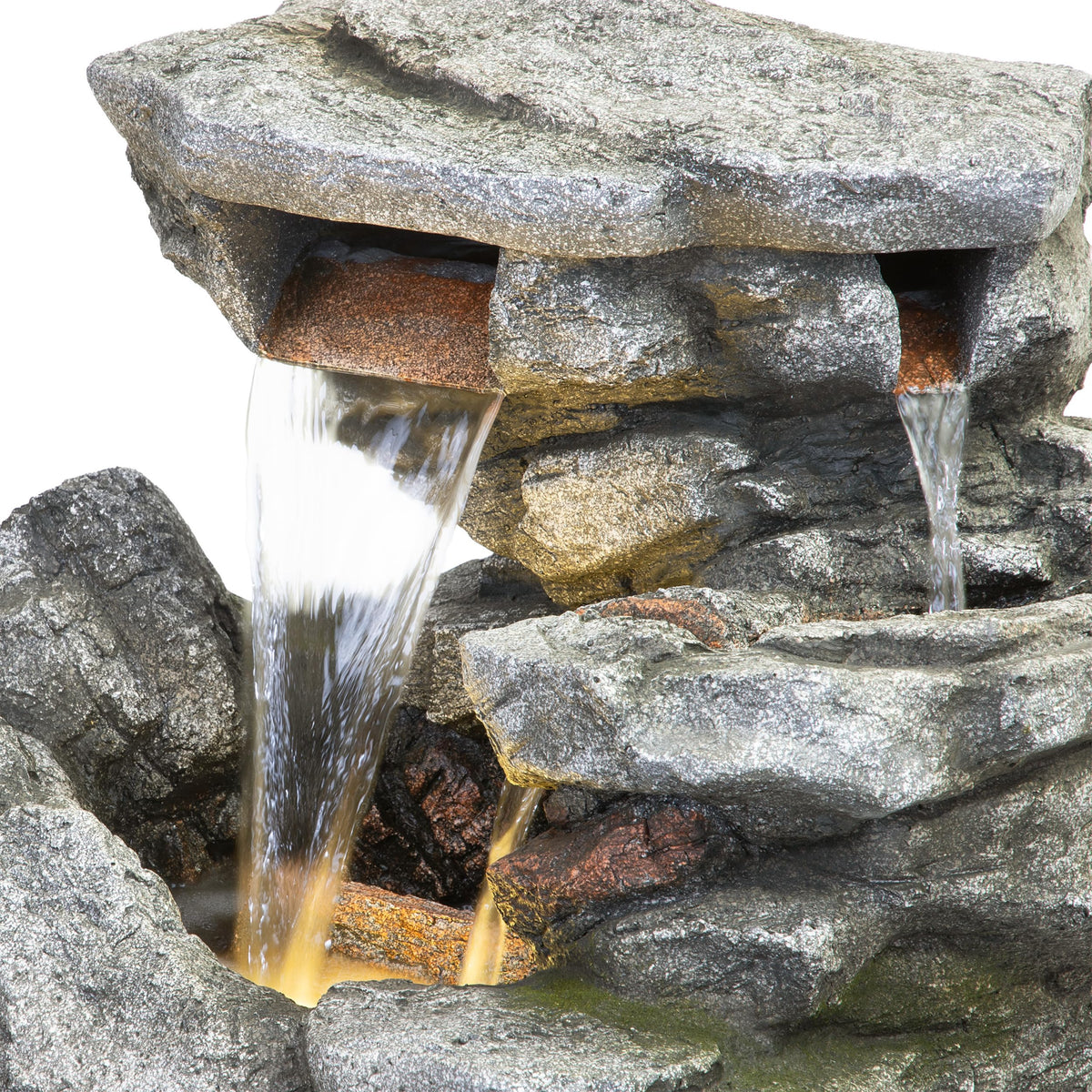 Alpine Corporation 41" Tall Outdoor Cascading Rainforest Rock Waterfall Floor Fountain with LED for Gardens, Patios, and Yards, Brown