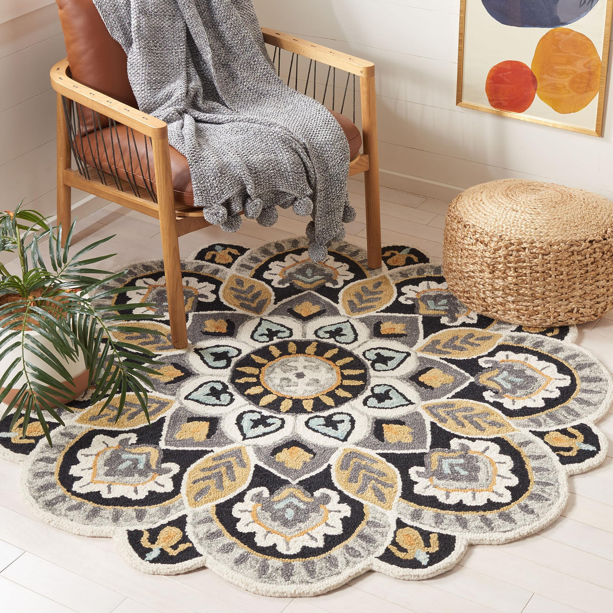 SAFAVIEH Novelty Collection Area Rug - 8' Round, Ivory & Black, Handmade Boho Floral Rustic Country Wool, Ideal for The Living Room, Dining Room, Bedroom (NOV604Z-8R)