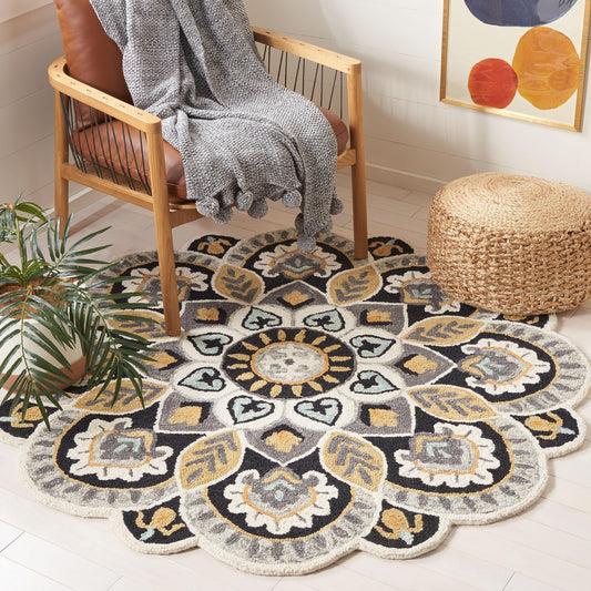 SAFAVIEH Novelty Collection Area Rug - 9' Round, Ivory & Black, Handmade Boho Floral Rustic Country Wool, Ideal for The Living Room, Dining Room, Bedroom (NOV604Z-9R)