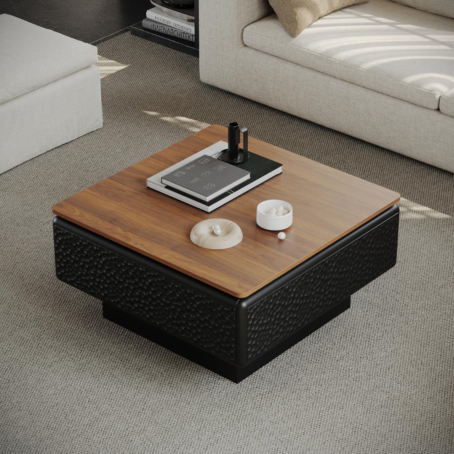 GDFStudio 31" Square Coffee Table with Lift Top Storage, Mid Century Modern Hammered Texture Center Table, Wooden Curved Tea Side Table with Hidden Compartment for Living Room Small Space, Black+Brown
