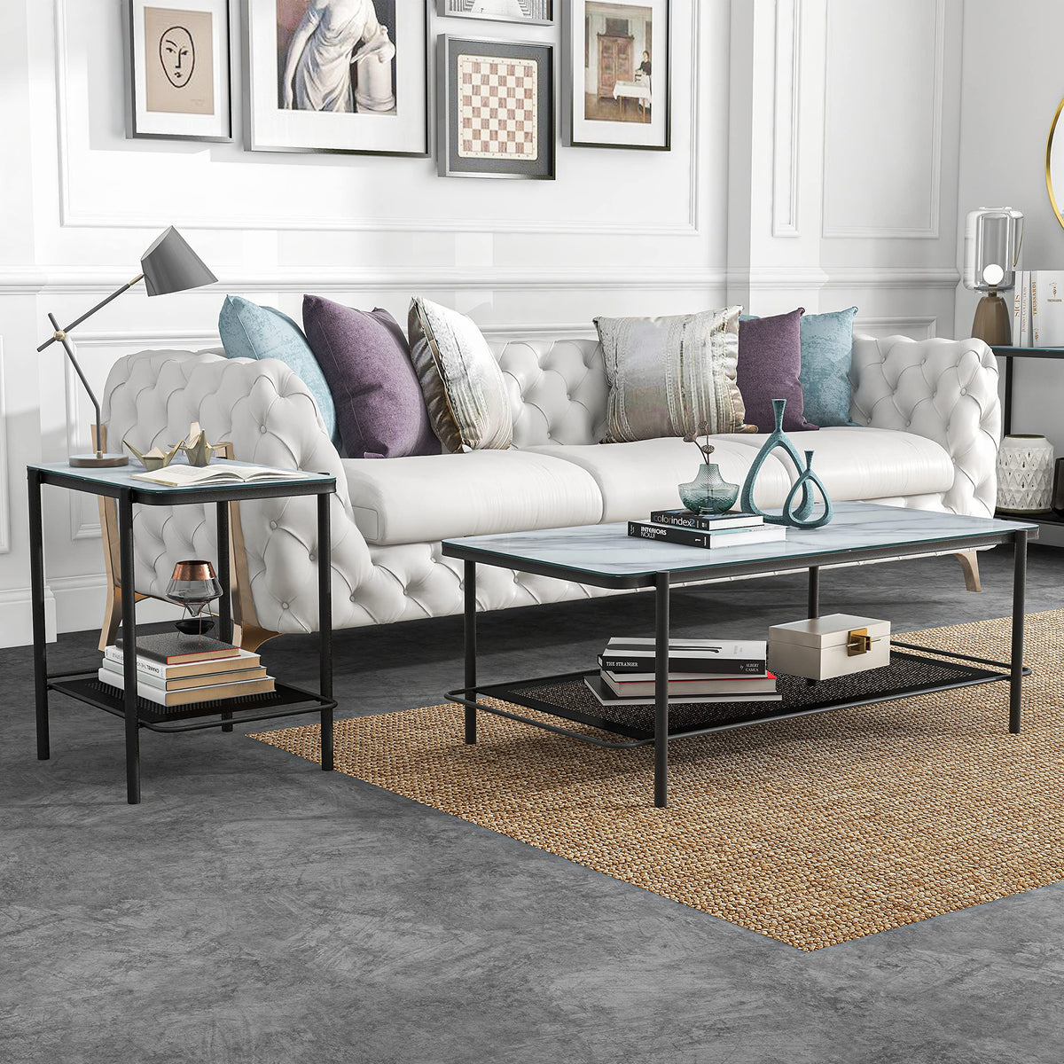 Furniture of America Basil Industrial Faux Marble Top Steel 2-Piece Coffee and End Tables Set with Open Shelves, Black and White