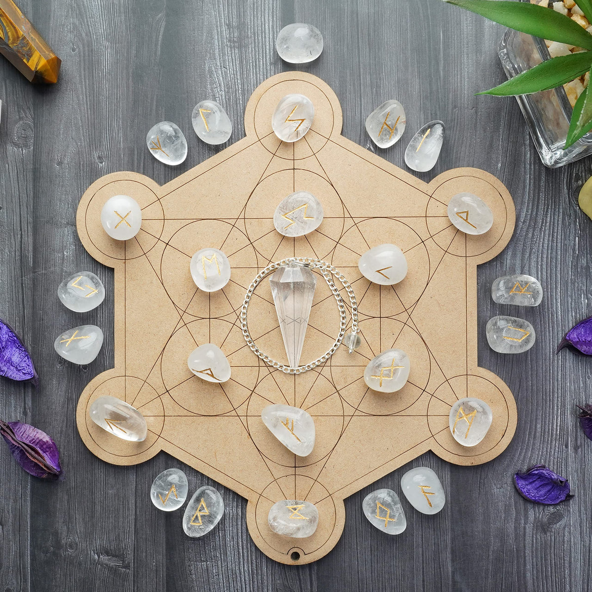Crocon Clear Quartz Gemstone Engraved Rune Stones Set (25 Pcs) with Elder Futhark Alphabets & 1 Clear Quartz Pendulum Reiki Healing Meditation Balancing Gift Home Office Decor. Size: 15-20 mm