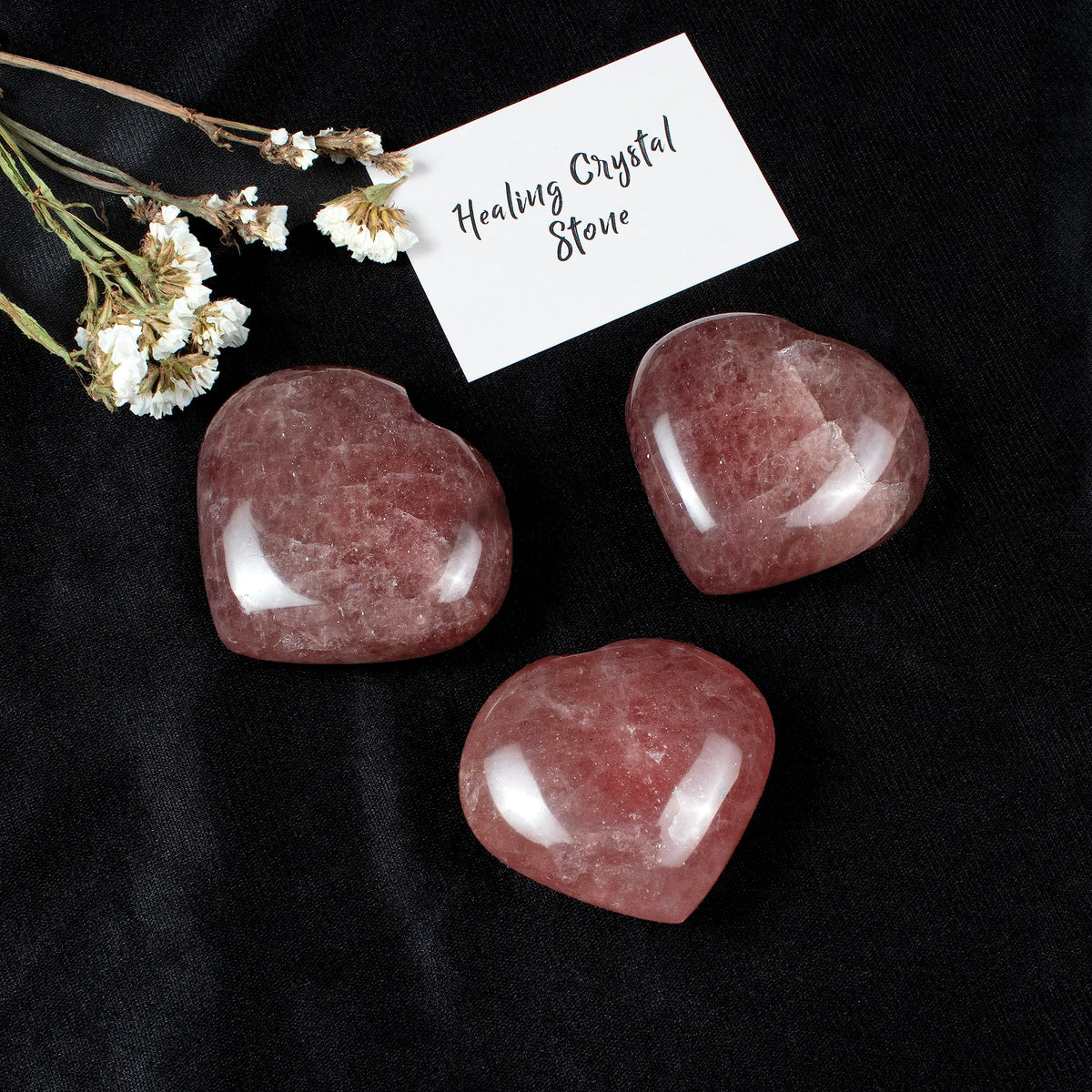 Crocon 50mm Strawberry Quartz Heart stone Big Heart Shape Puff Stones Set 450+ Carats Pocket Crystal Healing Tumble Collection Palm Worry Stone Good Luck Charm Meditation Gift Craft Home Decor
