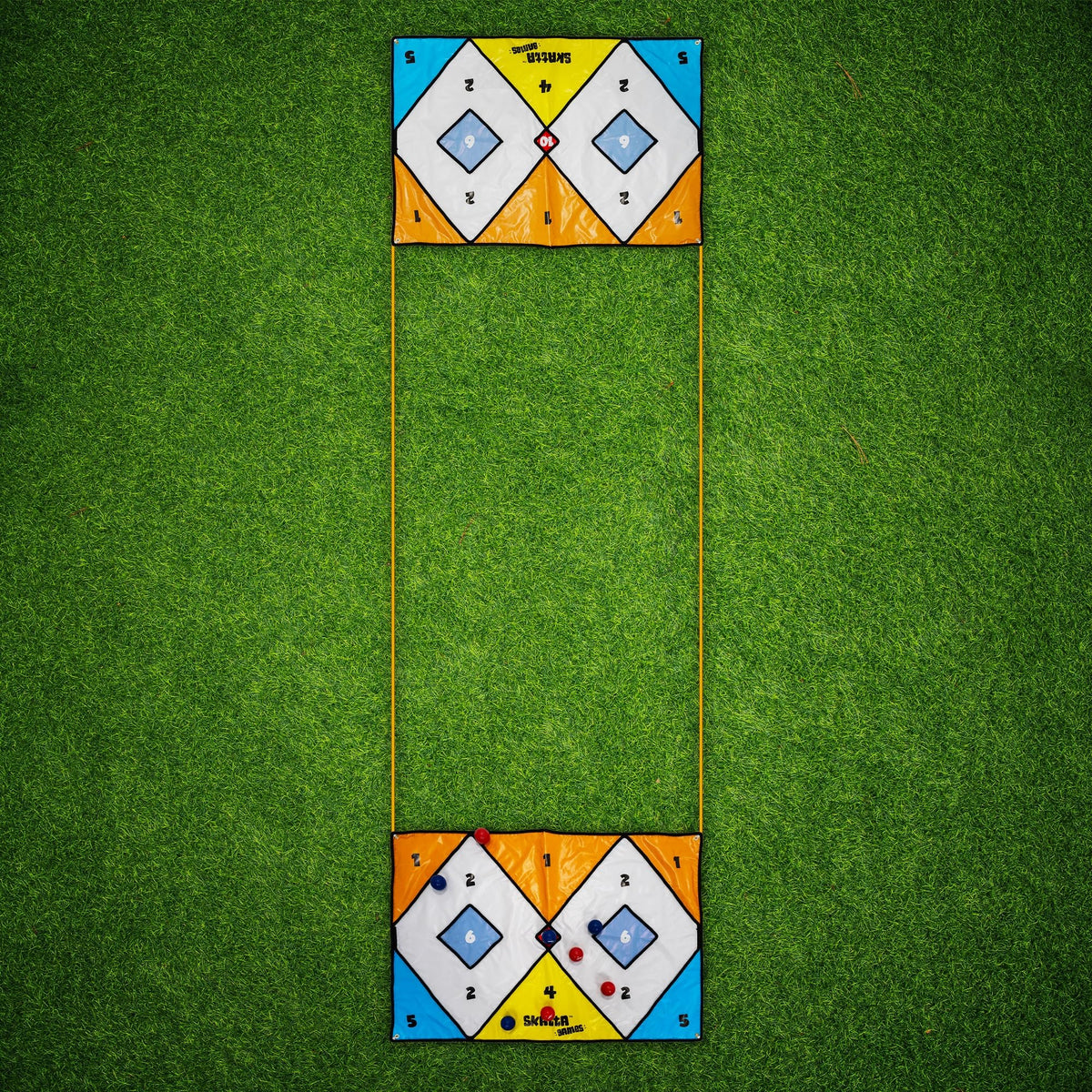 Skatta Games Skatta Ball Premium Yard Game Set - Outdoor Bocce and Shuffleboard Hybrid Lawn Play for Adults & Family - Weatherproof Backyard Beach Activity Kit with 2 Target Boards, 8 Rolling Balls