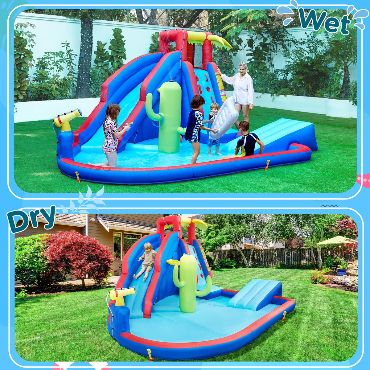 Yaheetech Inflatable Water Slide, Blow Up Water Slide Park Castle for Kids Aged 3-10 w/Splash Pool, Water Cannon, Ring Toss, Basketball, Surfboard and Climbing Wall, Water Slide with 520W Blower