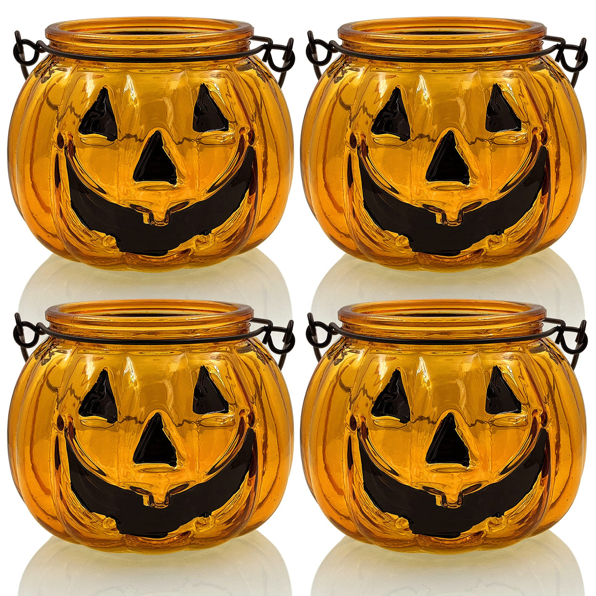 Halloween Candle Holders Set of 4, SHMILMH Tealight Votive Candle Holders with Grimace, Metal Hanging Pumpkin Jack O Lanterns Decorative Halloween Table Centerpiece Orange