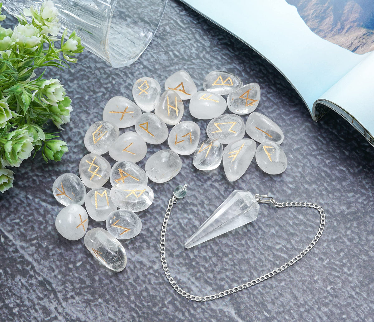 Crocon Clear Quartz Gemstone Engraved Rune Stones Set (25 Pcs) with Elder Futhark Alphabets & 1 Clear Quartz Pendulum Reiki Healing Meditation Balancing Gift Home Office Decor. Size: 15-20 mm